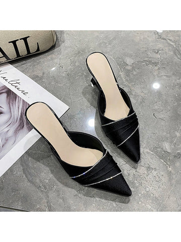 Black Pointed Toe High Heels Women's Slippers With Rhinestones, 2023 Spring & Summer New Arrival