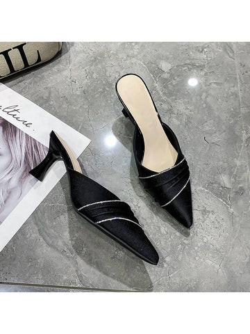Black Pointed Toe High Heels Women's Slippers With Rhinestones, 2023 Spring & Summer New Arrival