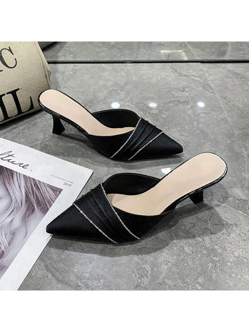 Black Pointed Toe High Heels Women's Slippers With Rhinestones, 2023 Spring & Summer New Arrival