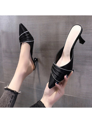 Black Pointed Toe High Heels Women's Slippers With Rhinestones, 2023 Spring & Summer New Arrival