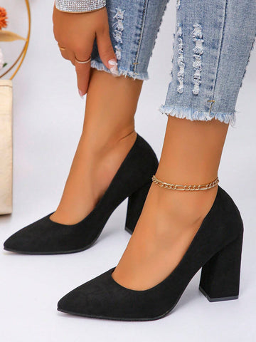 Black Pointed Toe Suede High Heel Pumps For Women, Thick Heel Formal Work Office Commuter Shoes