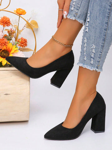 Black Pointed Toe Suede High Heel Pumps For Women, Thick Heel Formal Work Office Commuter Shoes