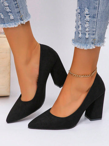Black Pointed Toe Suede High Heel Pumps For Women, Thick Heel Formal Work Office Commuter Shoes