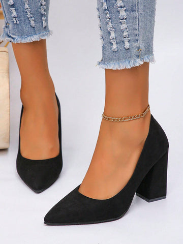 Black Pointed Toe Suede High Heel Pumps For Women, Thick Heel Formal Work Office Commuter Shoes