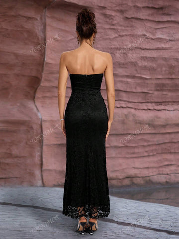 Black Rhinestone Lace Mermaid Maxi Party Dress