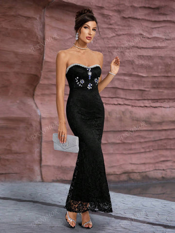 Black Rhinestone Lace Mermaid Maxi Party Dress