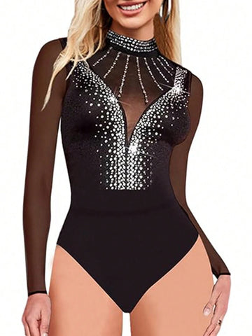 Black Rhinestone Mock Neck Mesh Long Sleeve Bodysuit