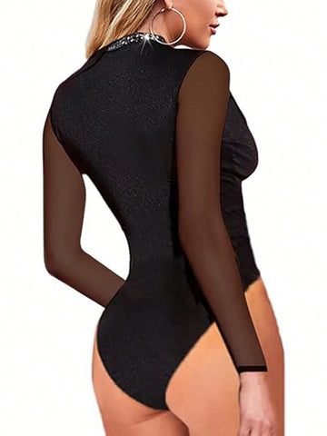 Black Rhinestone Mock Neck Mesh Long Sleeve Bodysuit
