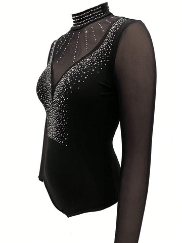 Black Rhinestone Mock Neck Mesh Long Sleeve Bodysuit