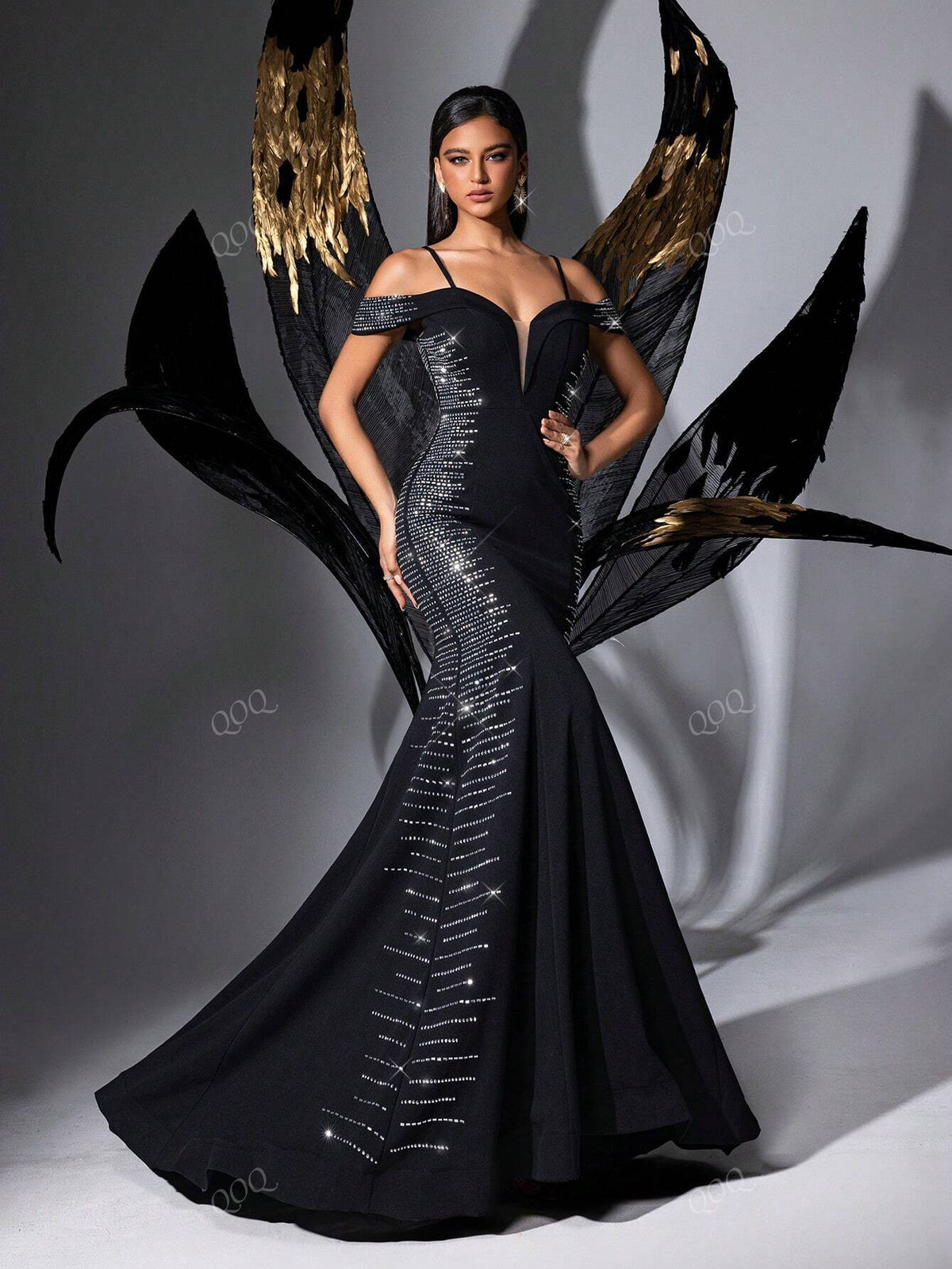 Black Rhinestone Studded Open Shoulder Mermaid Evening Dress
