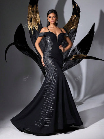 Black Rhinestone Studded Open Shoulder Mermaid Evening Dress