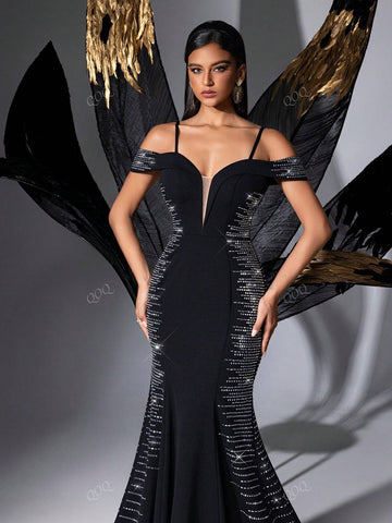 Black Rhinestone Studded Open Shoulder Mermaid Evening Dress