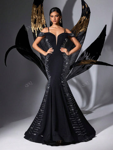 Black Rhinestone Studded Open Shoulder Mermaid Evening Dress