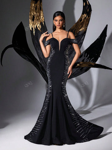 Black Rhinestone Studded Open Shoulder Mermaid Evening Dress
