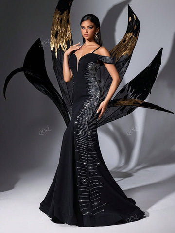 Black Rhinestone Studded Open Shoulder Mermaid Evening Dress