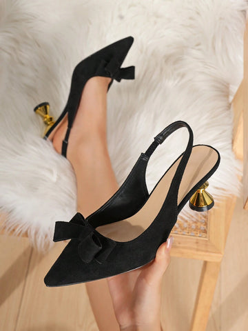 Black Satin Pointed Toe Bowknot Cutout Stiletto Heeled Women Shoes