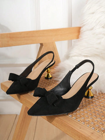 Black Satin Pointed Toe Bowknot Cutout Stiletto Heeled Women Shoes
