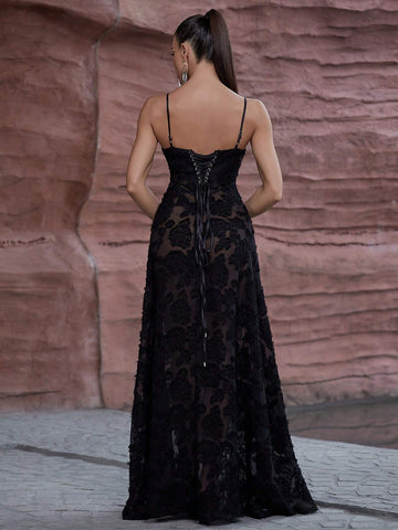 Black Semi-Sheer Burnout Cami A-Line Dress