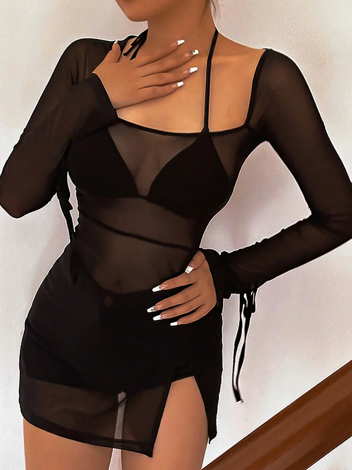 Black Sheer Mesh Long Sleeve High Slit Mini Dress, U-Neck, Solid Color Women's Dress