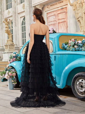 Black Strapless Fashionable Party Outfit With Tulle Skirt
