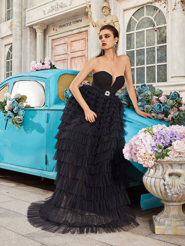 Black Strapless Fashionable Party Outfit With Tulle Skirt