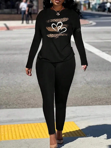 Black Two-Piece Women's Sportswear With Heart Pattern, Suitable For Autumn And Winter