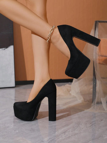 Black Velvet Platformed High Heel Shoes For Party, Nightclub, Fashionable Style