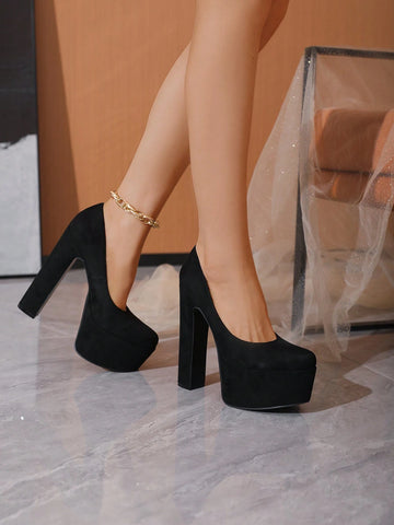 Black Velvet Platformed High Heel Shoes For Party, Nightclub, Fashionable Style
