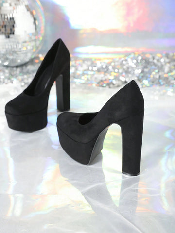 Black Velvet Platformed High Heel Shoes For Party, Nightclub, Fashionable Style