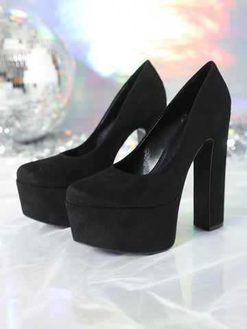 Black Velvet Platformed High Heel Shoes For Party, Nightclub, Fashionable Style