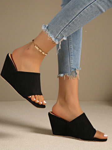 Black Wedge Heel Thong Sandals For Women, Open Toe Versatile Slides For Spring/Summer, Party Wear
