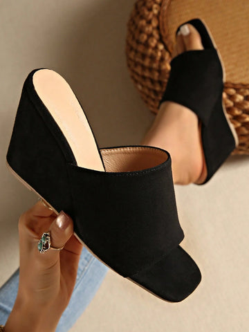 Black Wedge Heel Thong Sandals For Women, Open Toe Versatile Slides For Spring/Summer, Party Wear
