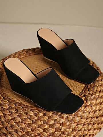 Black Wedge Heel Thong Sandals For Women, Open Toe Versatile Slides For Spring/Summer, Party Wear