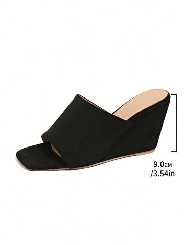 Black Wedge Heel Thong Sandals For Women, Open Toe Versatile Slides For Spring/Summer, Party Wear