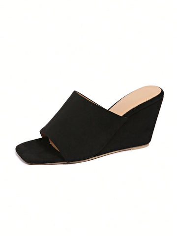 Black Wedge Heel Thong Sandals For Women, Open Toe Versatile Slides For Spring/Summer, Party Wear