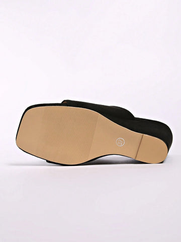 Black Wedge Heel Thong Sandals For Women, Open Toe Versatile Slides For Spring/Summer, Party Wear
