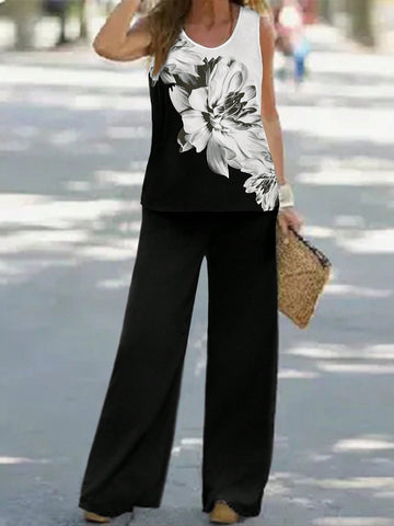 Black & White Floral Print Sleeveless Top And Long Pants Set