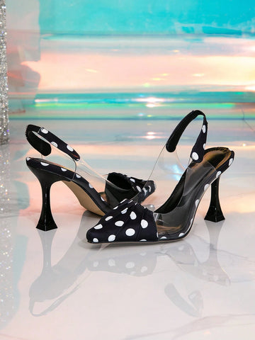 Black & White Polka Dot Pointed Toe Transparent Jelly Block Heel Shoes With Ankle Strap For Women