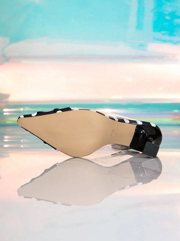Black & White Polka Dot Pointed Toe Transparent Jelly Block Heel Shoes With Ankle Strap For Women