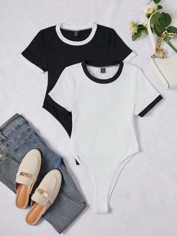 Black & White Splicing Color Block Short Sleeve Bodysuit