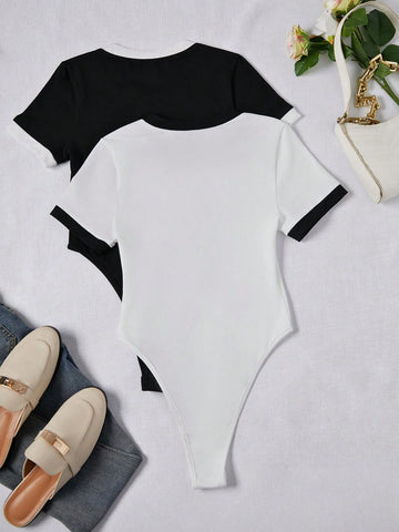 Black & White Splicing Color Block Short Sleeve Bodysuit
