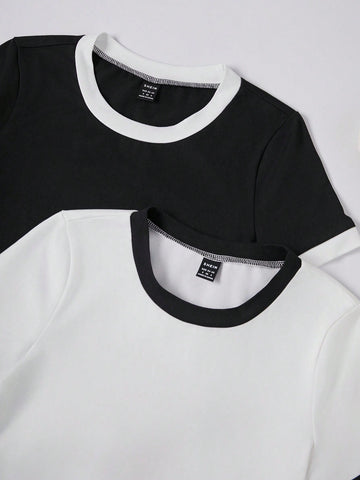 Black & White Splicing Color Block Short Sleeve Bodysuit