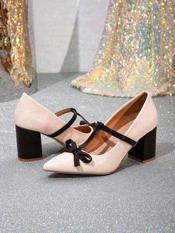 Black & White Thick Heel High Heels, Bow Decor Block Heel Pumps, Comfortable & Elegant,