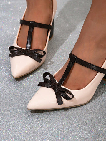 Black & White Thick Heel High Heels, Bow Decor Block Heel Pumps, Comfortable & Elegant,