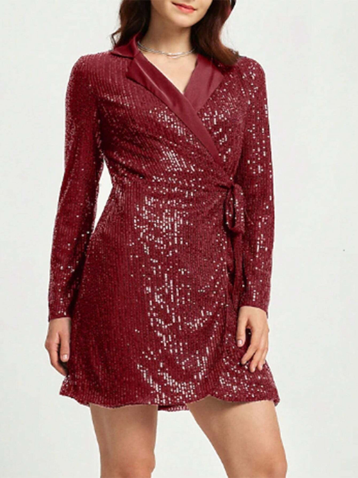 Blazer Collar Long Sleeve A-Line Dress With Pearls And Tie Knot Belt