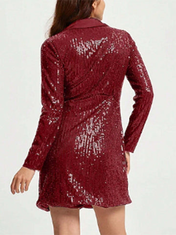 Blazer Collar Long Sleeve A-Line Dress With Pearls And Tie Knot Belt