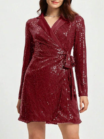 Blazer Collar Long Sleeve A-Line Dress With Pearls And Tie Knot Belt