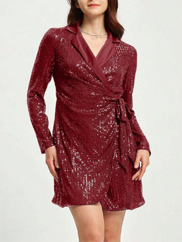 Blazer Collar Long Sleeve A-Line Dress With Pearls And Tie Knot Belt