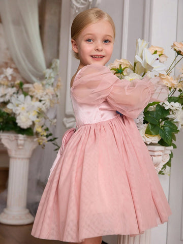 Blossomsprite Kids 1pc Young Girl Wedding Flower Girl Tulle Dress, Summer, With Detachable Bow Back, Suitable For Wedding, Party, Ceremony