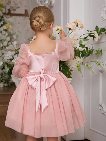 Blossomsprite Kids 1pc Young Girl Wedding Flower Girl Tulle Dress, Summer, With Detachable Bow Back, Suitable For Wedding, Party, Ceremony